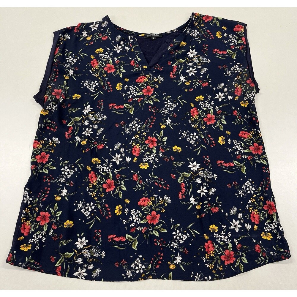 Papermoon Women's Blouse Size L Navy Mulicolored Floral V Neck Short Cap Sleeves